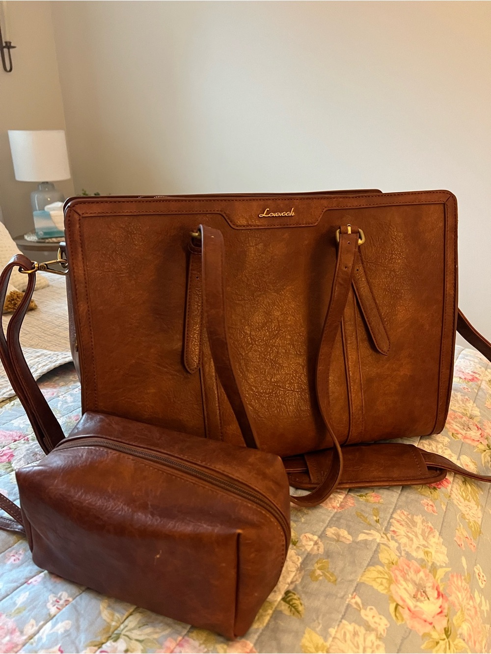 Loveook Brown Leather Tote Bag with Removable Pouch